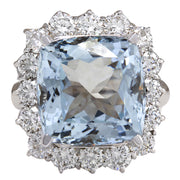 12.11 Carat Natural Aquamarine 14K White Gold Diamond Ring - Fashion Strada