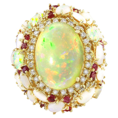 17.17 Carat Natural Opal, Ruby 14K Solid Yellow Gold Diamond Ring - Fashion Strada